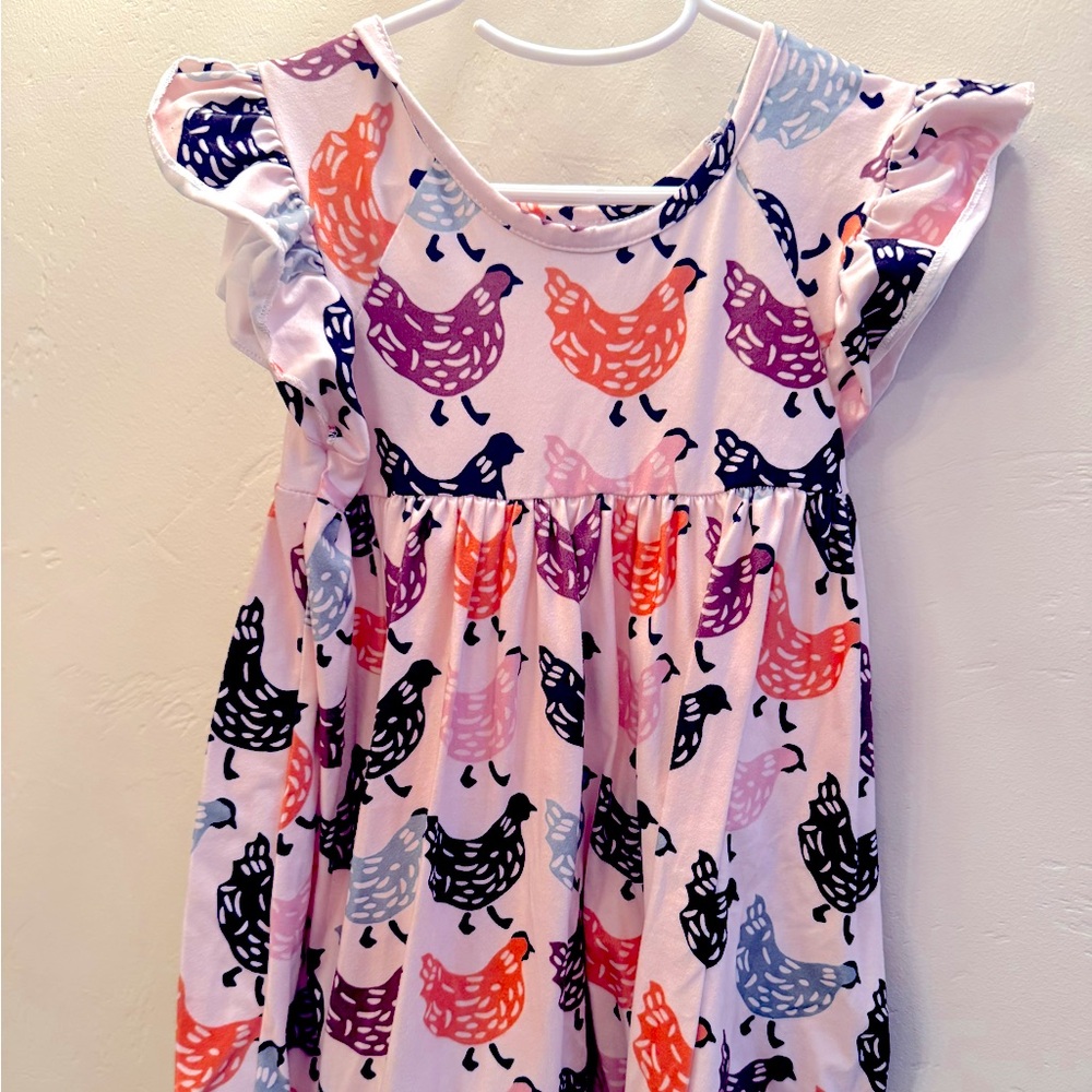 Chicken print flutter sleeve twirl dress, soft cozy fabric, boutique style, 4T
